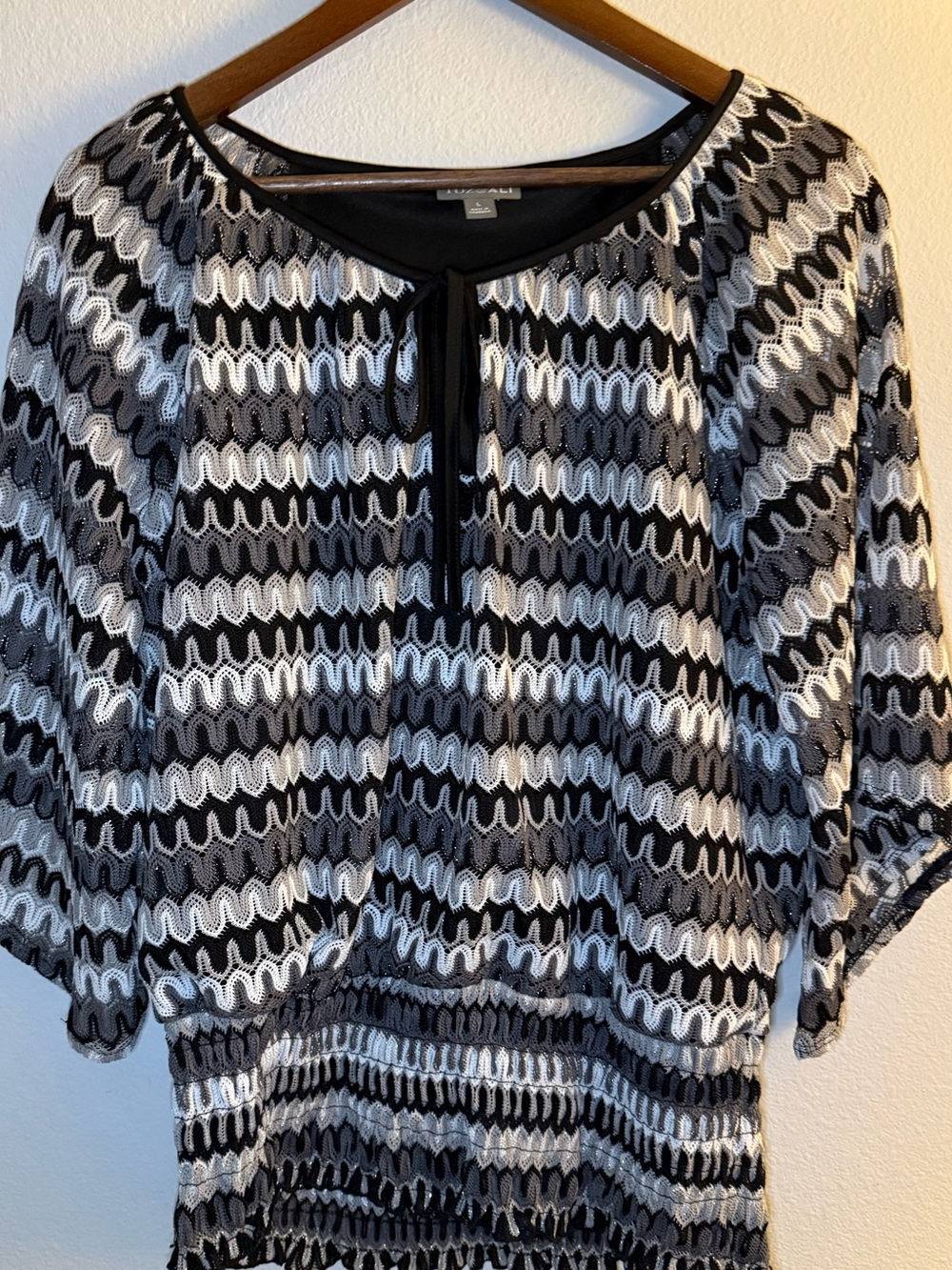 Roz & Ali Black and White Lace-Style Tie Neck Top